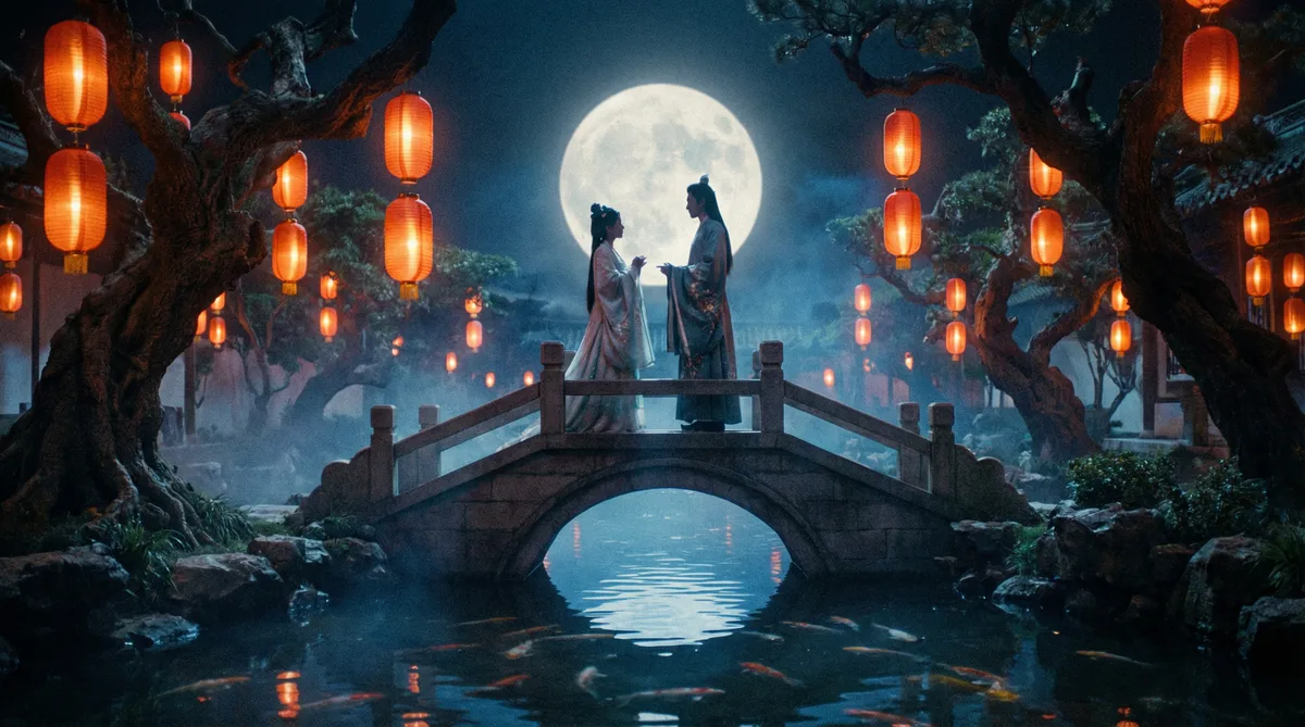 暗网禁区古典爱情片拍摄剧照-月下花园场景